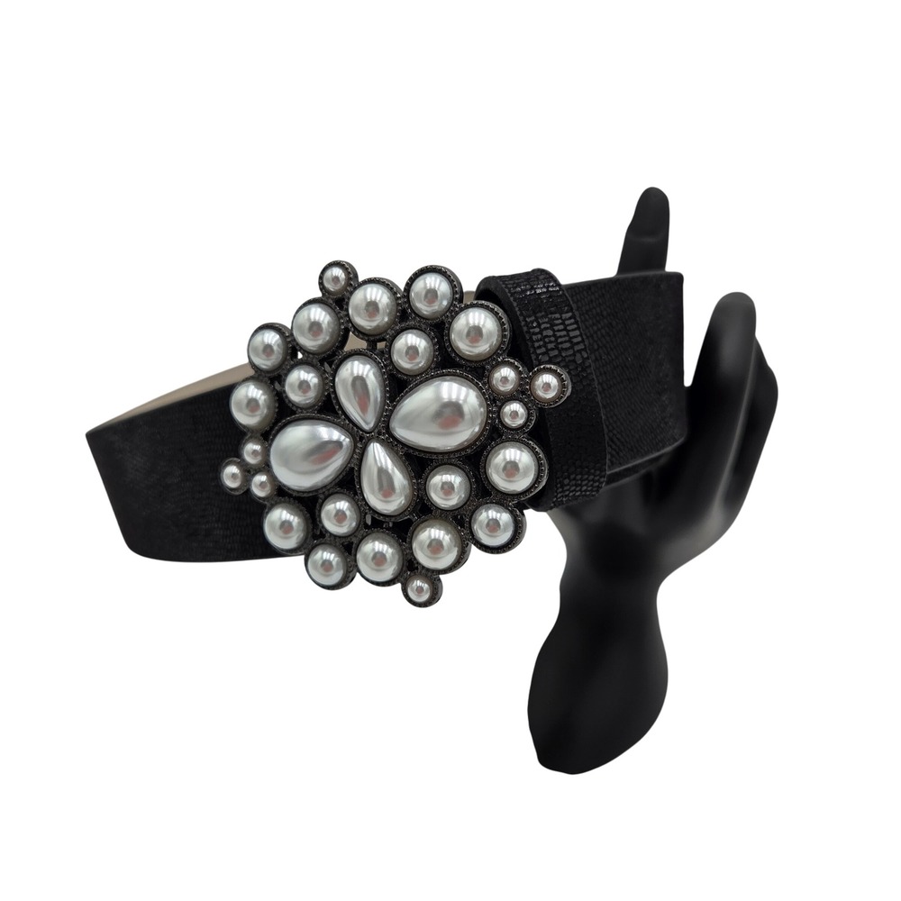 White House Black Market Women's XS Black‎ Pearl Embellished Buckle Dressy Belt